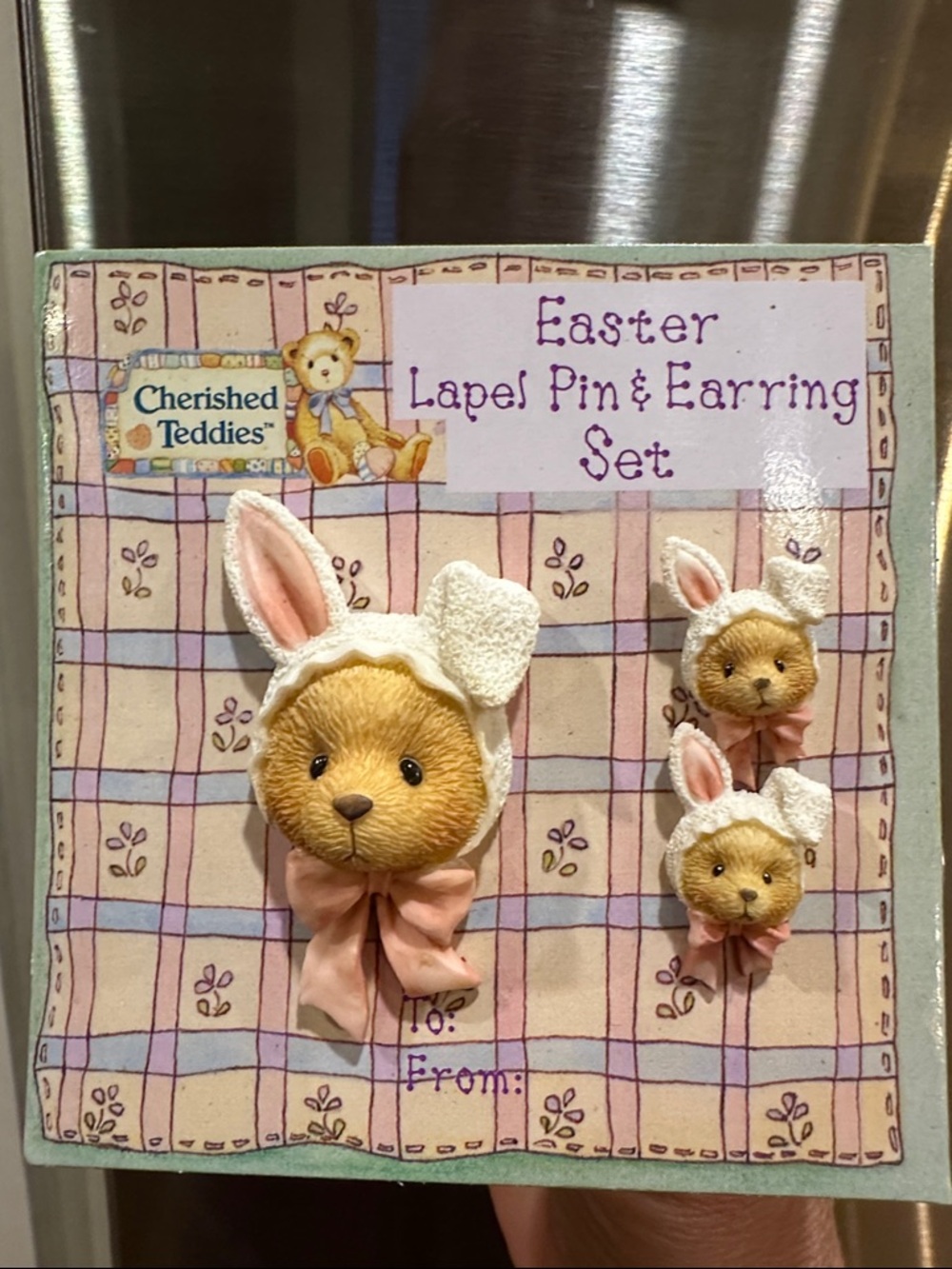 Cherished Teddies Pink & White Bunny Lapel Pin and Earring Set